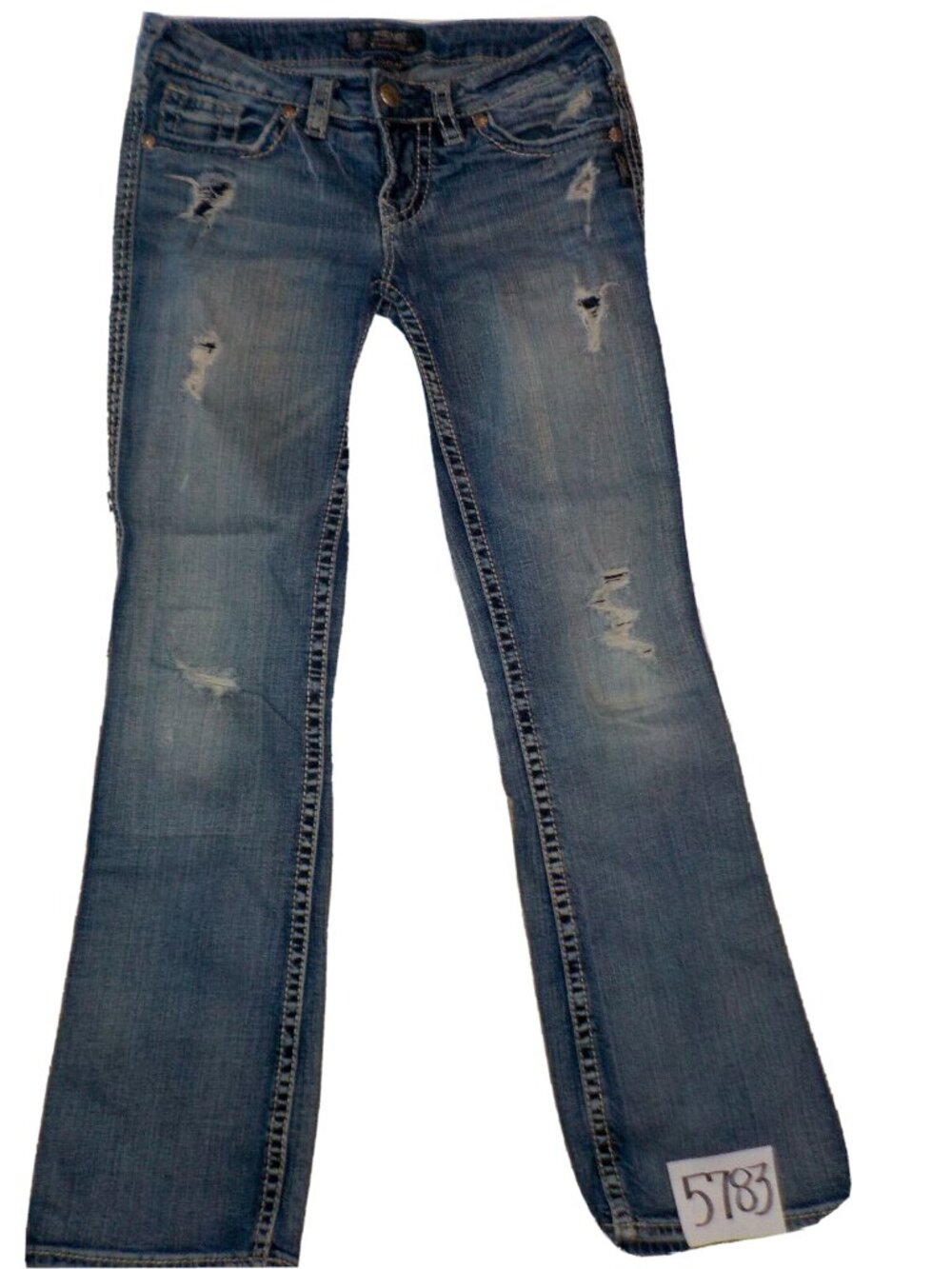 Silver Aiko Flap Boot Dark Blue Denim Destroyed Jeans Womens Size 27 x 30